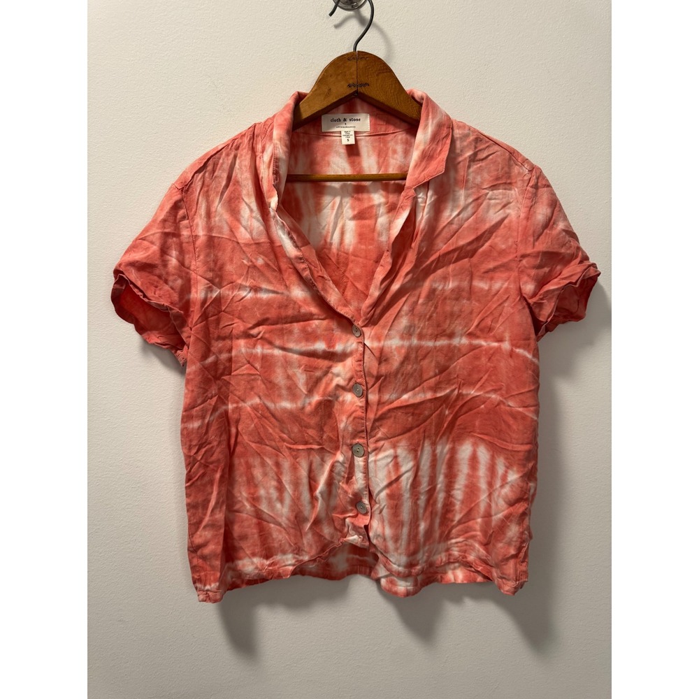 Cloth & Stone Anthropologie Tie Dye Button Down Longer Crop Top Coral White S